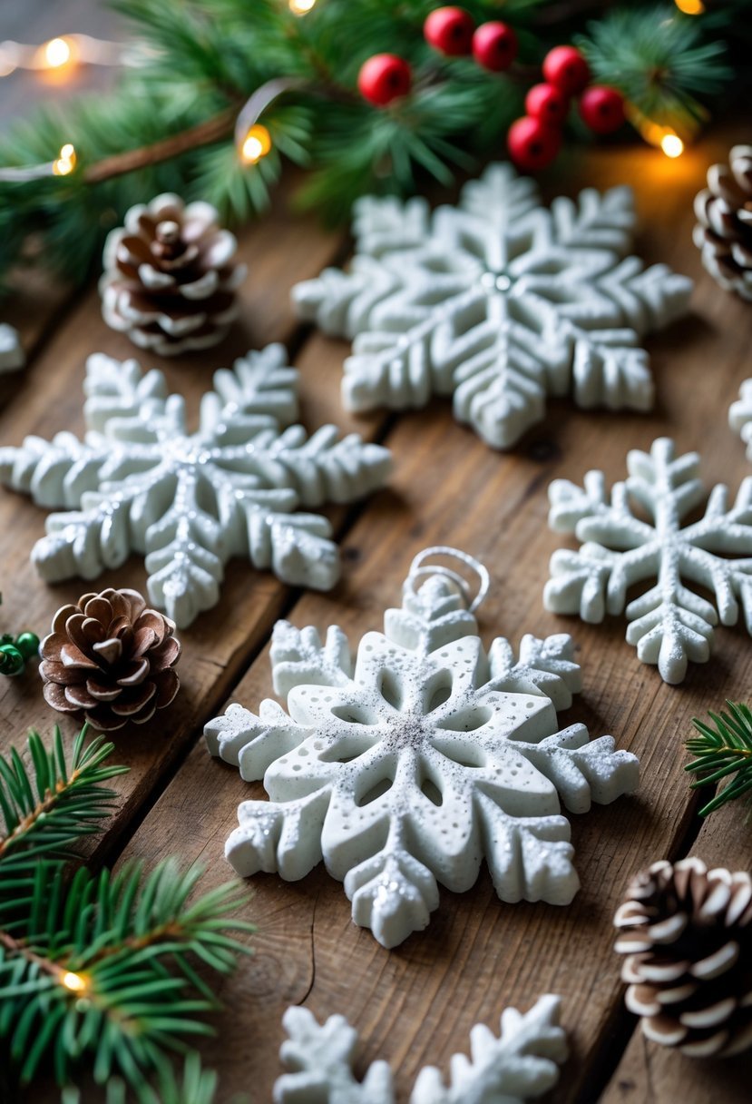Close-up of homemade salt dough snowflake Christmas ornaments arranged with pine branches, pinecones, red berries, and warm glowing lights on a wooden surface.
