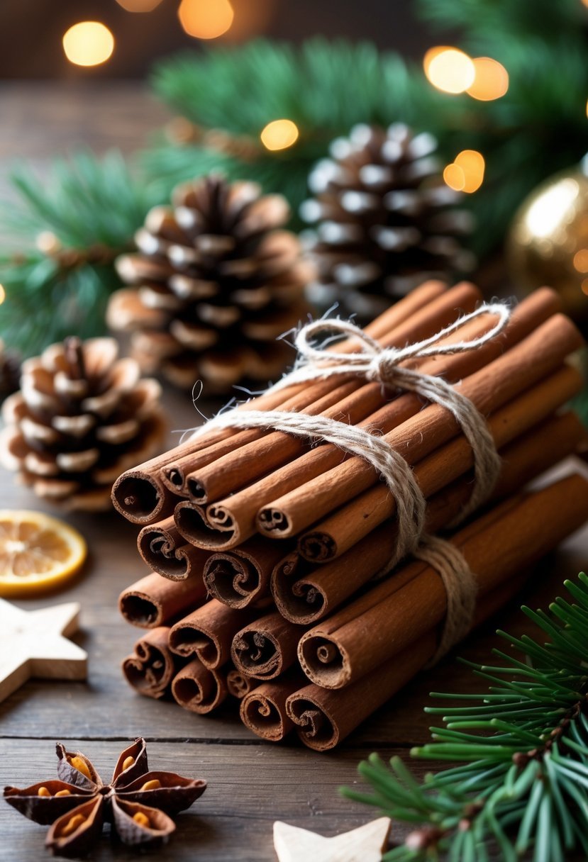 Bundles of cinnamon sticks tied with twine surrounded by homemade Christmas ornaments on a wooden surface.