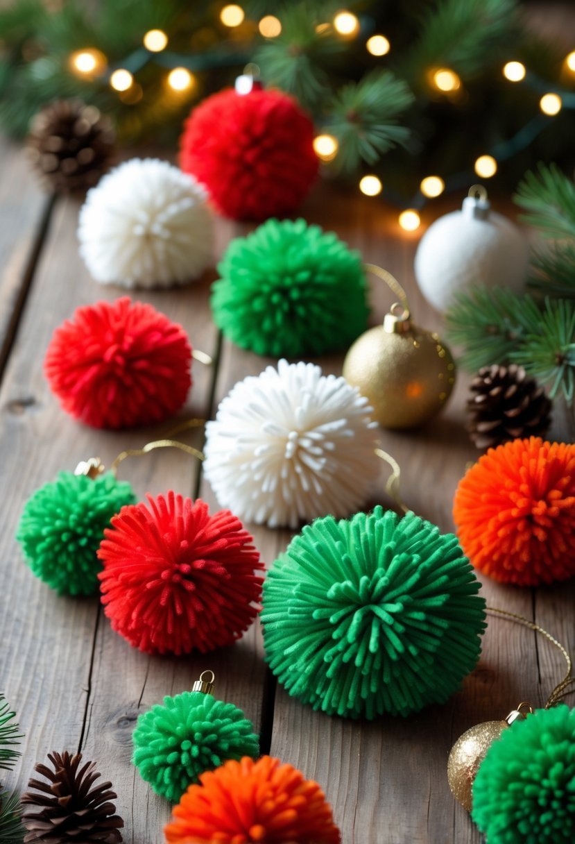 Colorful pom-pom garland ornaments hanging against a wooden background with pine branches and pine cones nearby.