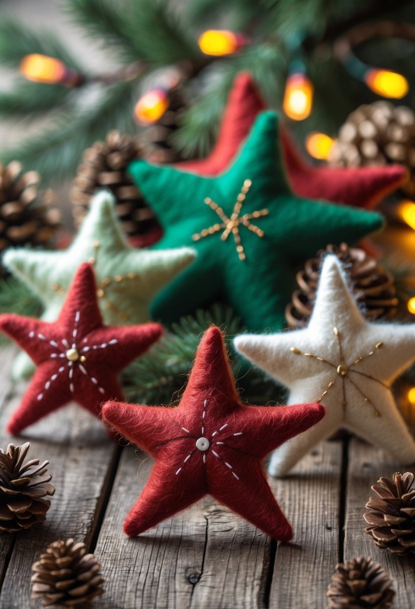 Close-up of colorful felted wool star ornaments arranged on a wooden surface with Christmas decorations in the background.