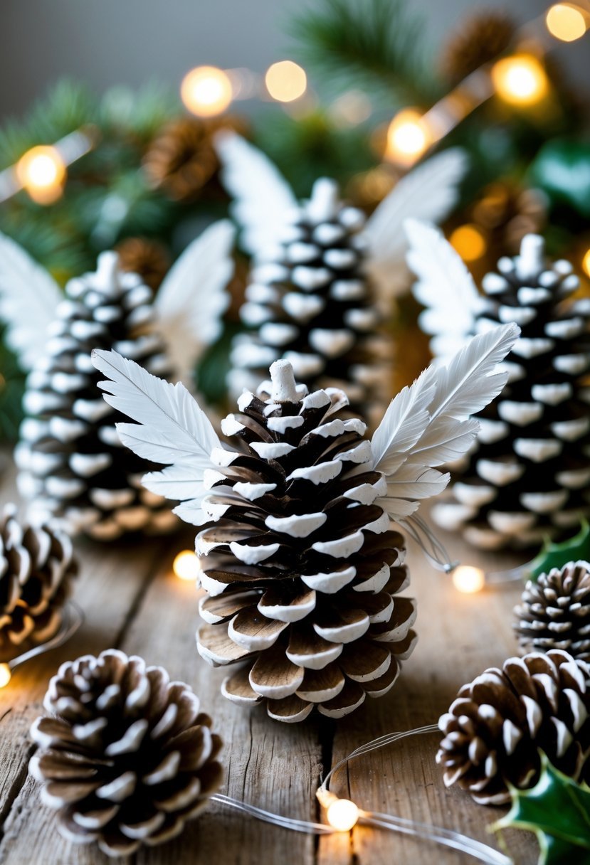 Close-up of handmade Christmas ornaments made from white-painted pinecones shaped like angels, displayed with pine branches and soft Christmas lights.