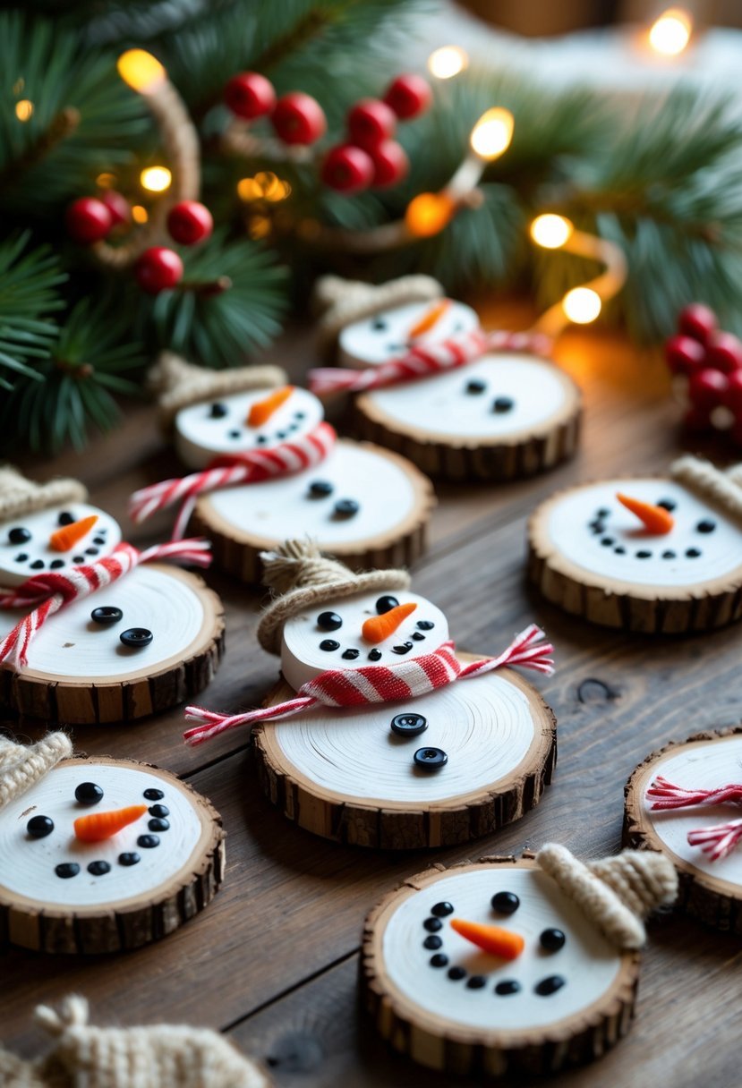 A collection of homemade wood slice snowman Christmas ornaments decorated with small scarves and hats, arranged on a wooden surface with festive pine branches and soft holiday lights in the background.