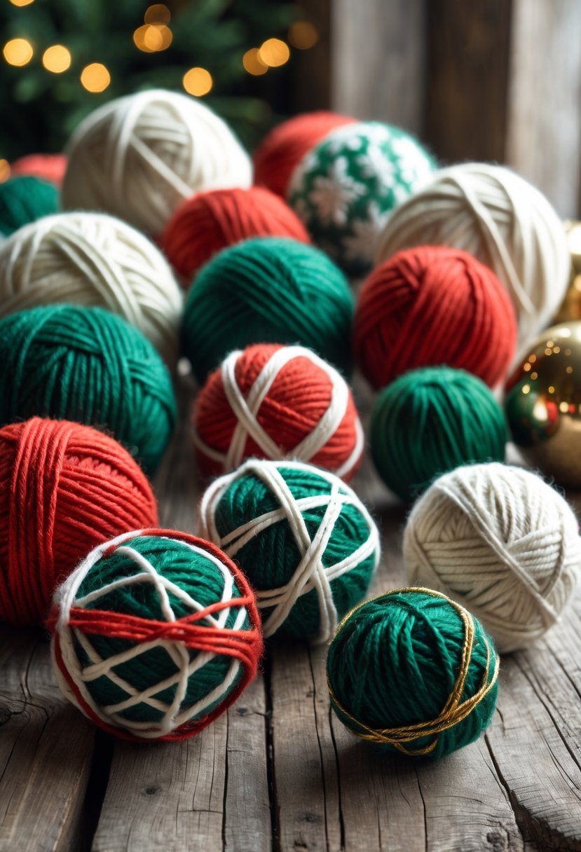 A collection of colorful yarn wrapped balls arranged on a wooden surface.