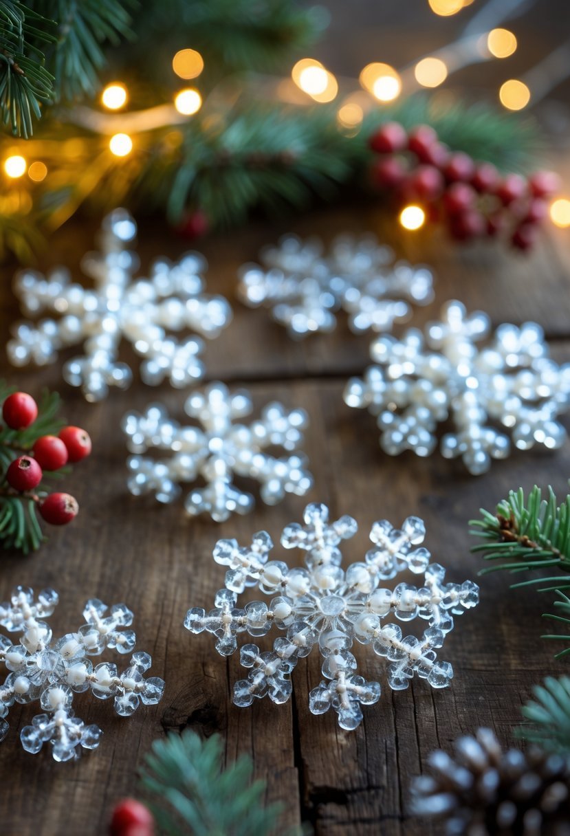 A close-up view of several beaded snowflake ornaments displayed on a wooden surface with pine branches and holiday lights in the background.