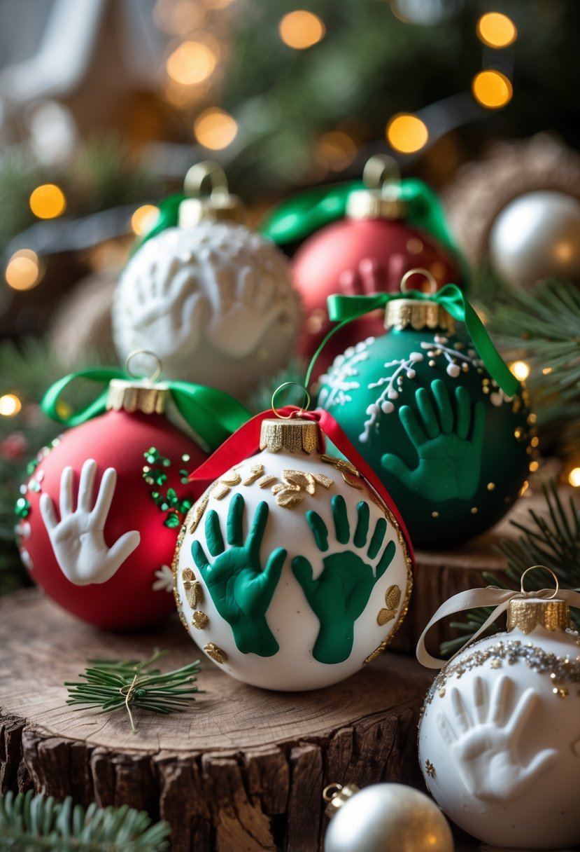 Several handmade clay handprint Christmas ornaments decorated with ribbons and glitter arranged on a wooden surface with holiday decorations in the background.