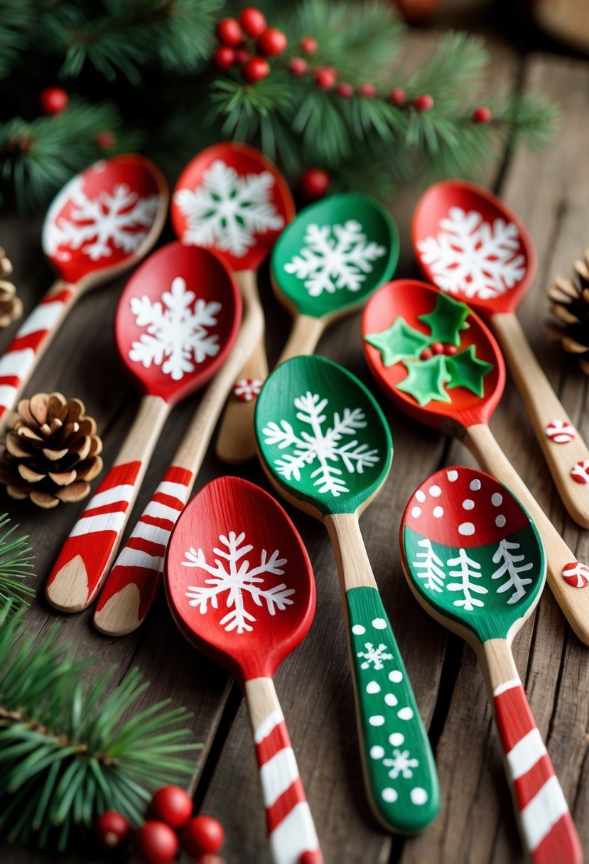 A collection of painted wooden spoons decorated with Christmas-themed designs arranged on a wooden surface with pine branches and small pinecones around them.