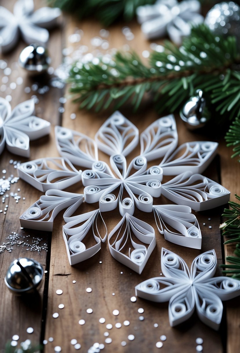 Close-up of handmade paper quilling snowflake ornaments arranged on a wooden surface with pine branches and small silver bells nearby.