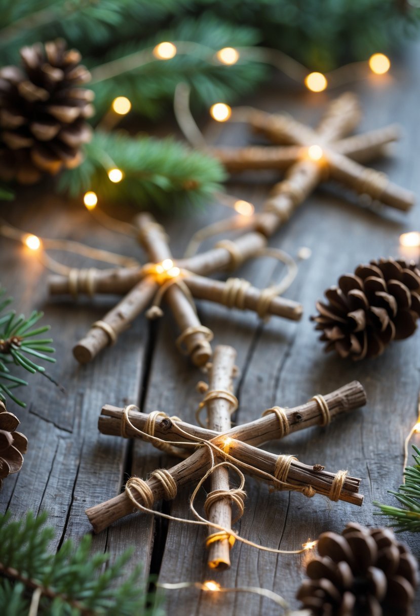 A collection of handmade twig star ornaments displayed on a wooden surface with pine cones, evergreen sprigs, and soft glowing lights.