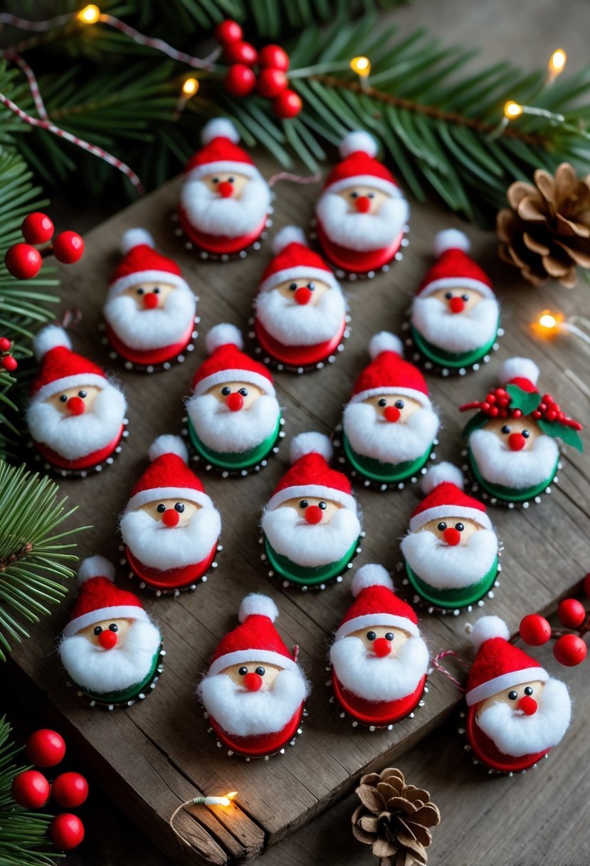 A collection of handmade bottle cap Santa Claus ornaments arranged on a wooden surface with pine branches, red berries, and holiday lights.