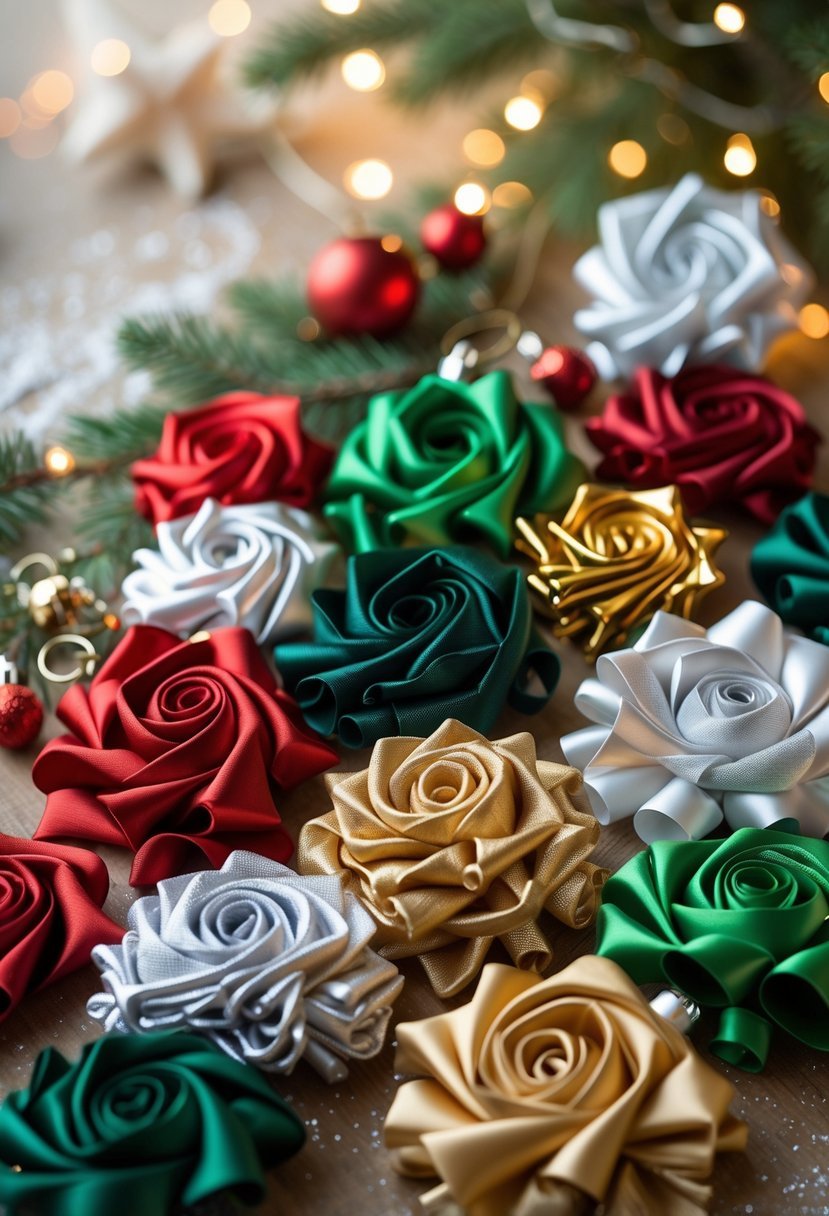 A collection of colorful ribbon rosette Christmas ornaments hanging with pine branches and soft holiday lights in the background.
