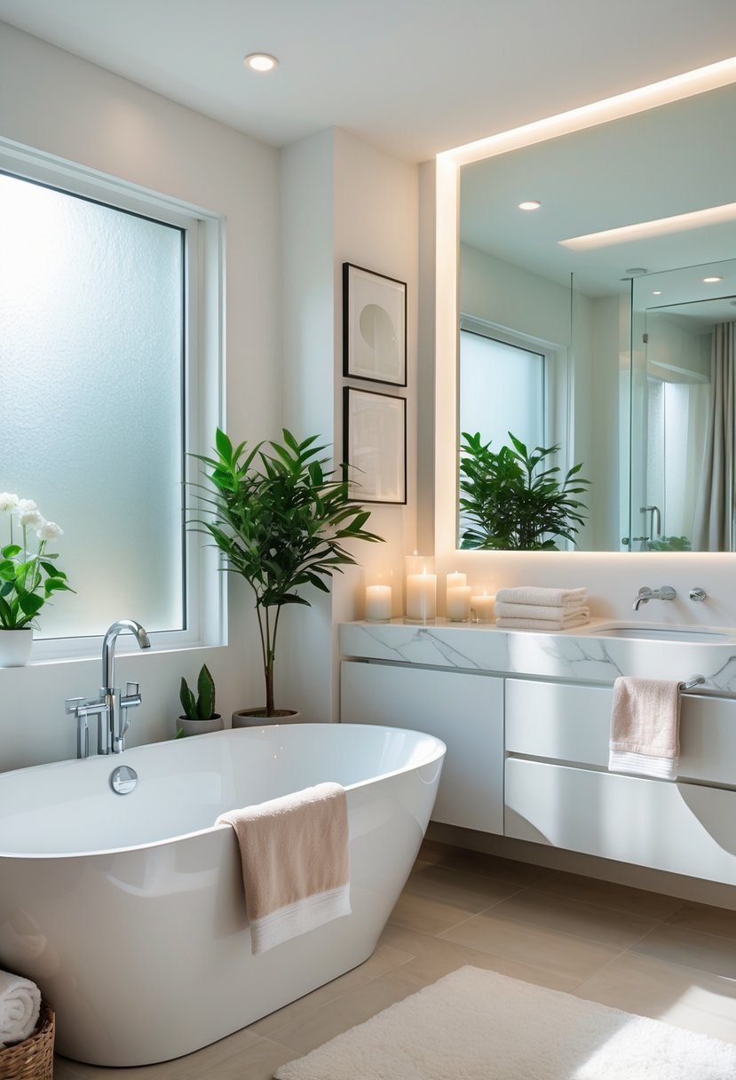 A clean and well-lit guest bathroom with a bathtub, vanity, mirror, towels, and green plants.