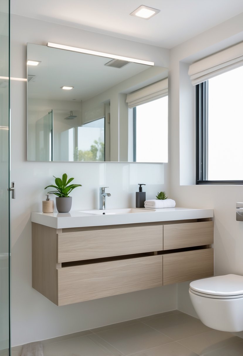 A guest bathroom with a floating vanity that has built-in storage, a large mirror, and simple decor.