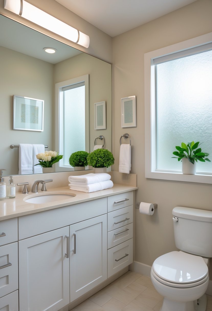 A guest bathroom with neutral-colored walls, a white vanity, a large mirror, folded towels, a small plant, and natural light from a window.