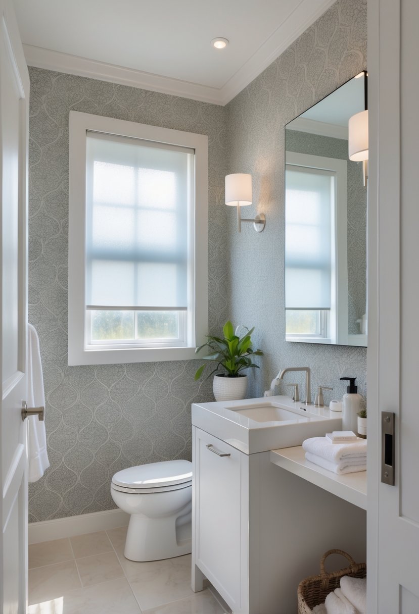 A guest bathroom with a statement wallpaper on one wall, a white vanity with a mirror, modern fixtures, and natural light coming through a frosted window.