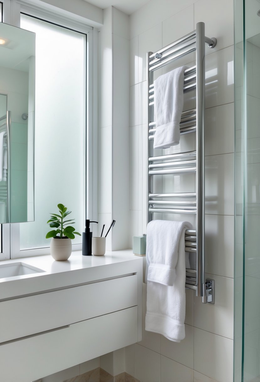 A clean guest bathroom with a heated towel rack holding white towels next to a vanity and mirror.