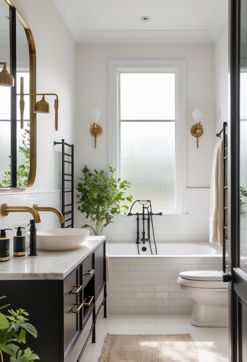 A guest bathroom with a sink, mirror, and various fixtures including faucets and towel racks.