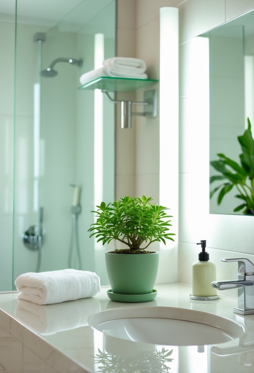 A small potted succulent on a bathroom countertop with a faucet, towel, and mirror in the background.