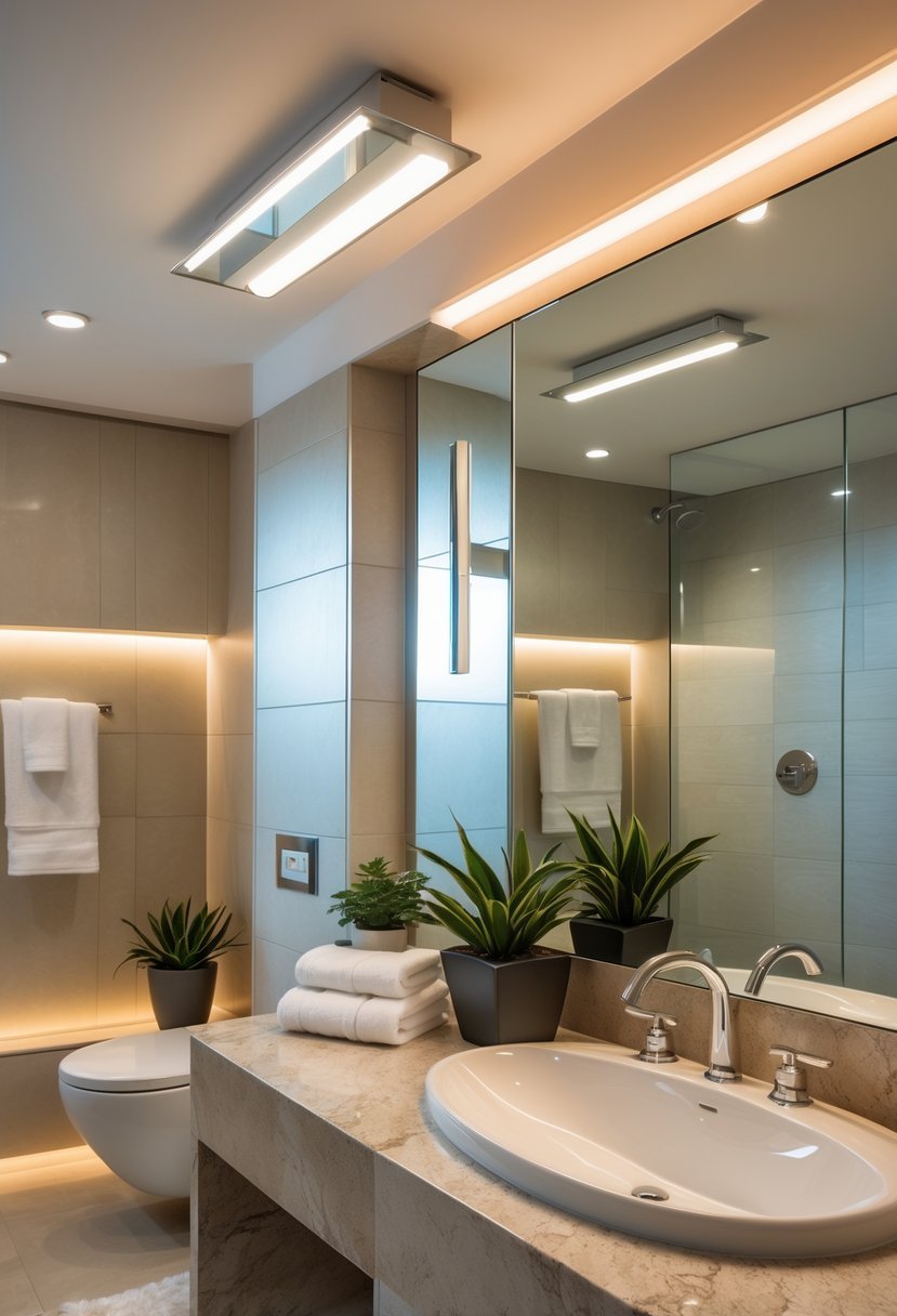 A guest bathroom with layered lighting including ceiling lights, vanity task lighting, and accent lights highlighting the space.