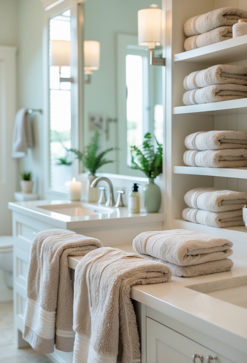 A guest bathroom with neatly arranged plush towels on shelves and a towel rack, a vanity with a mirror, and decorative plants.