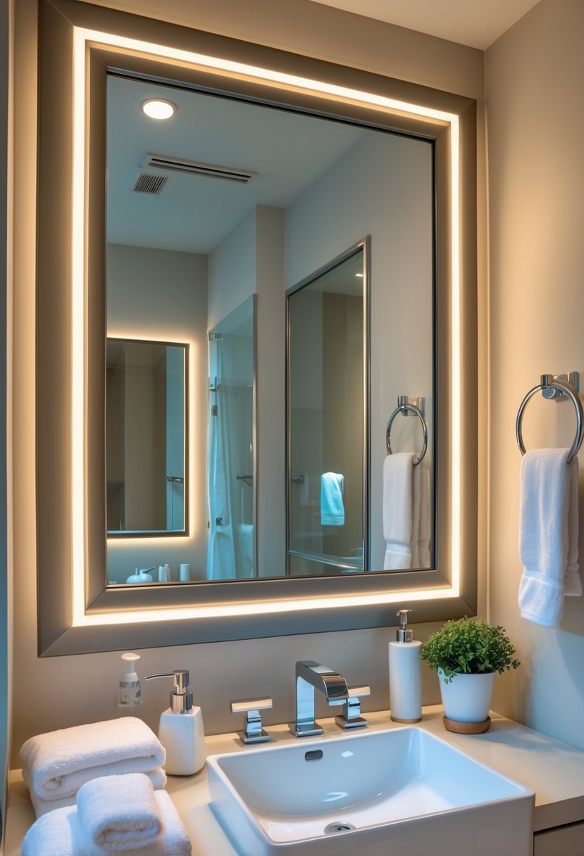 A guest bathroom with a framed mirror featuring backlighting above a white sink and chrome faucet, with towels and a small plant on the counter.