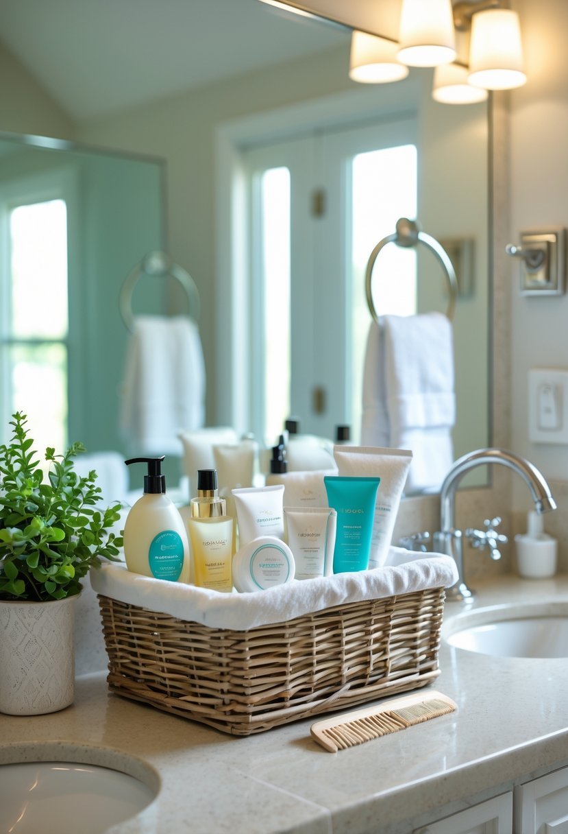 A guest bathroom countertop with a welcome basket filled with toiletries including shampoo, soap, lotion, and a toothbrush set.