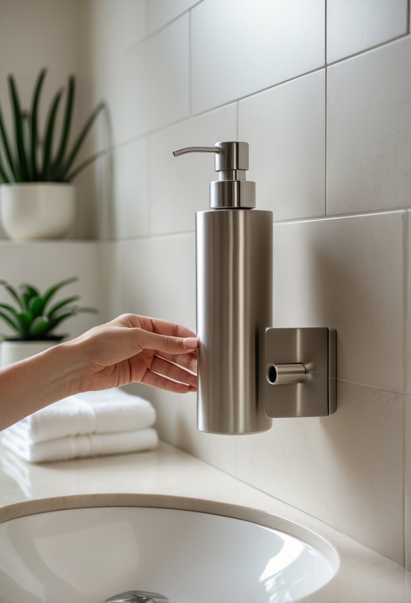 Hands mounting a modern soap dispenser on a tiled bathroom wall with a sink and towels in the background.