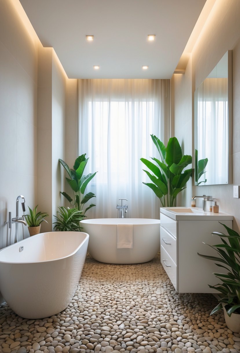 A guest bathroom with pebble stone floor tiles, a freestanding bathtub, a vanity with a mirror, and green plants.