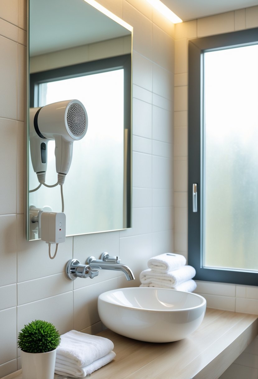 A modern guest bathroom with a wall-mounted hairdryer next to a mirror above a sink.
