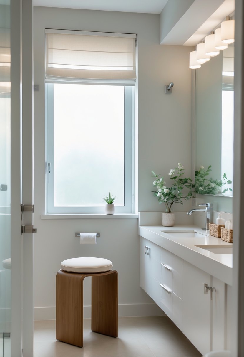 A guest bathroom with a stool next to the vanity, bright lighting, and neatly arranged toiletries.