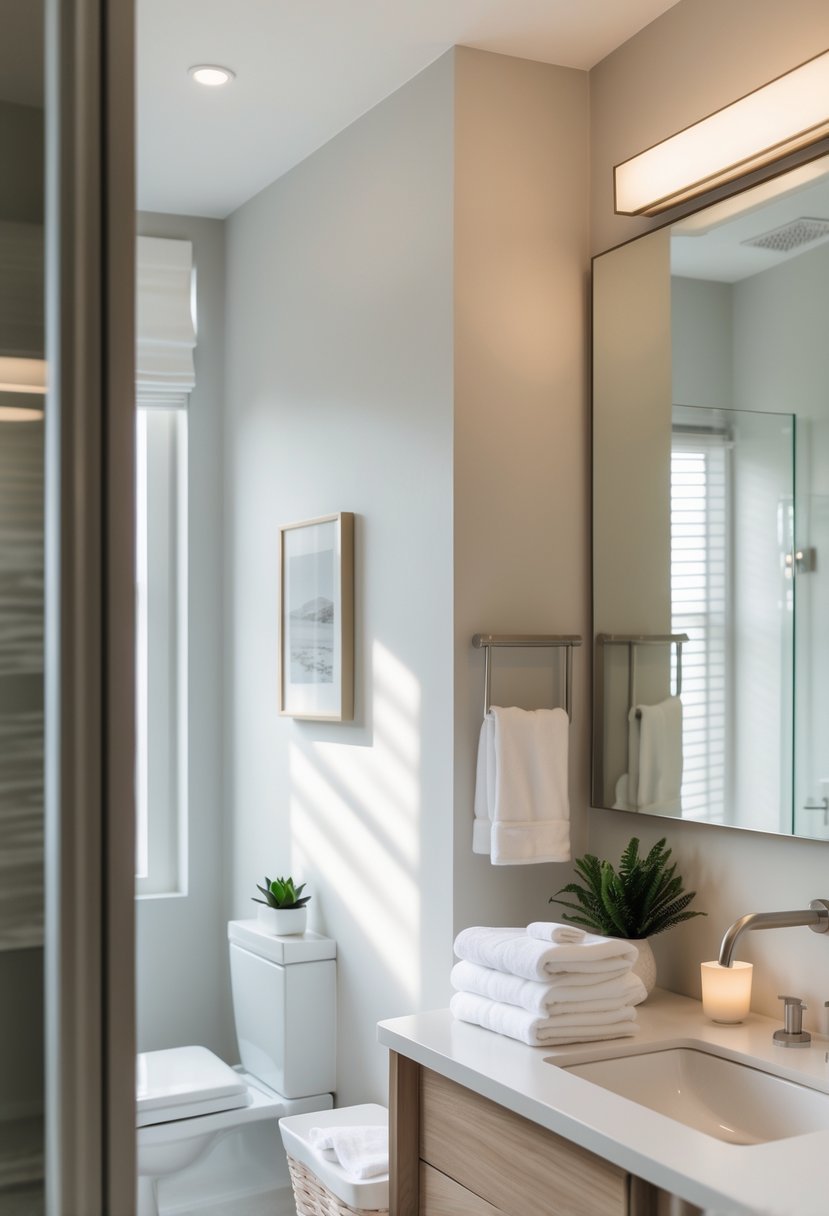 A modern guest bathroom with a small framed art print on the wall, white towels, and a clean countertop with a plant.