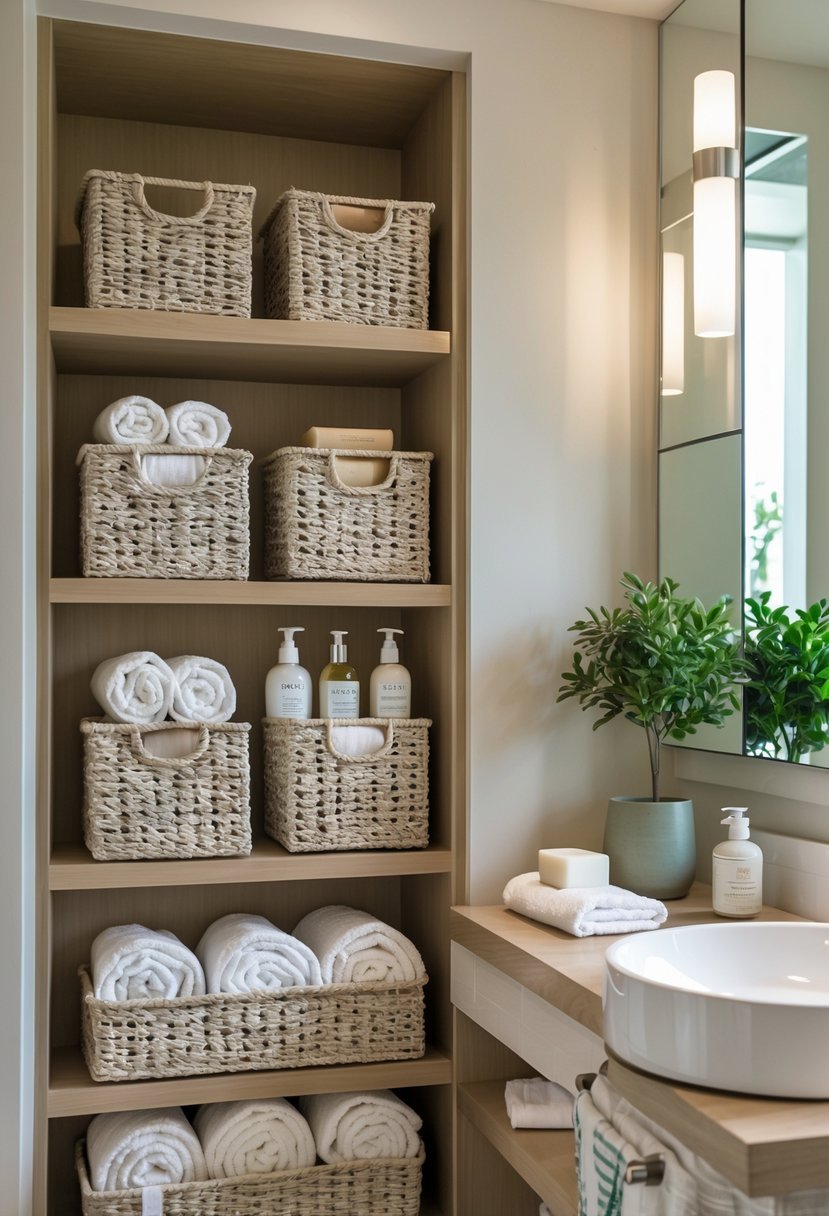Guest bathroom with decorative baskets holding toiletries on shelves and countertop, featuring towels, bottles, and plants.