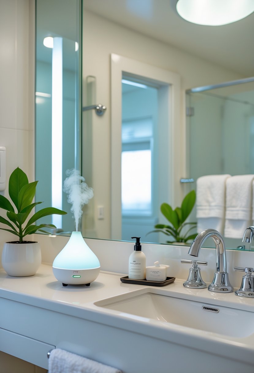 A guest bathroom with a small essential oil diffuser on the vanity countertop next to towels and a potted plant.