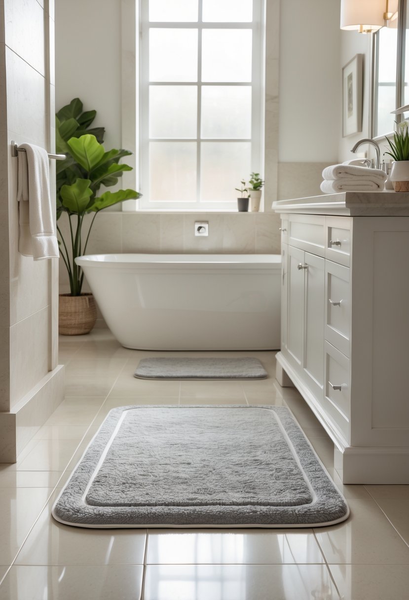 A clean guest bathroom with a bathtub and a textured bath mat on the floor in front of it.