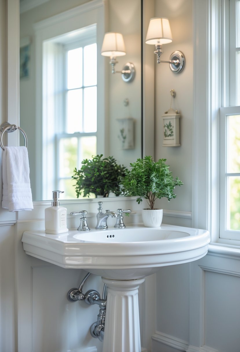 Guest bathroom with a white pedestal sink, mirror, and decorative accessories.