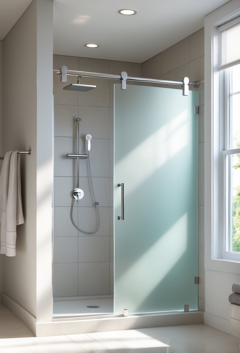A guest bathroom with a frosted glass shower door partially open, showing a tiled shower area and modern fixtures.