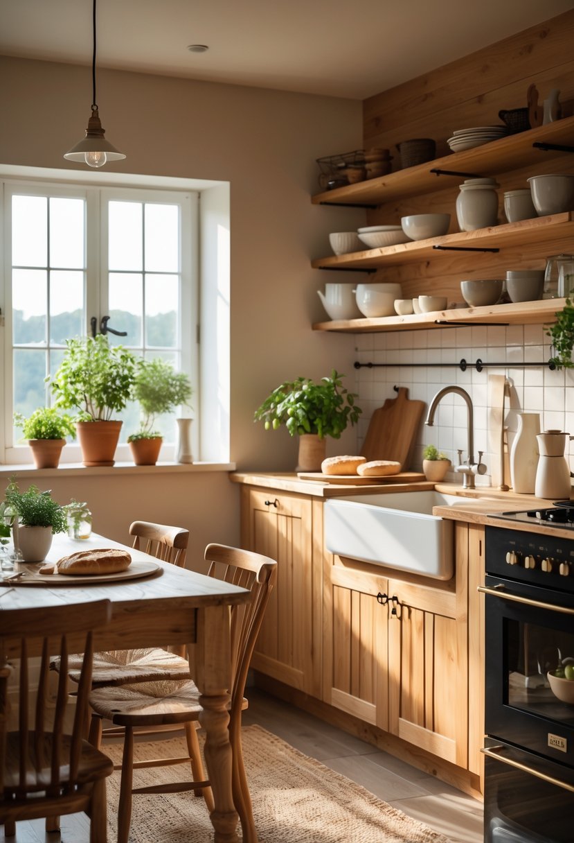 A cozy kitchen with wooden cabinets, a dining table with cushions, potted plants, and natural sunlight coming through a window.
