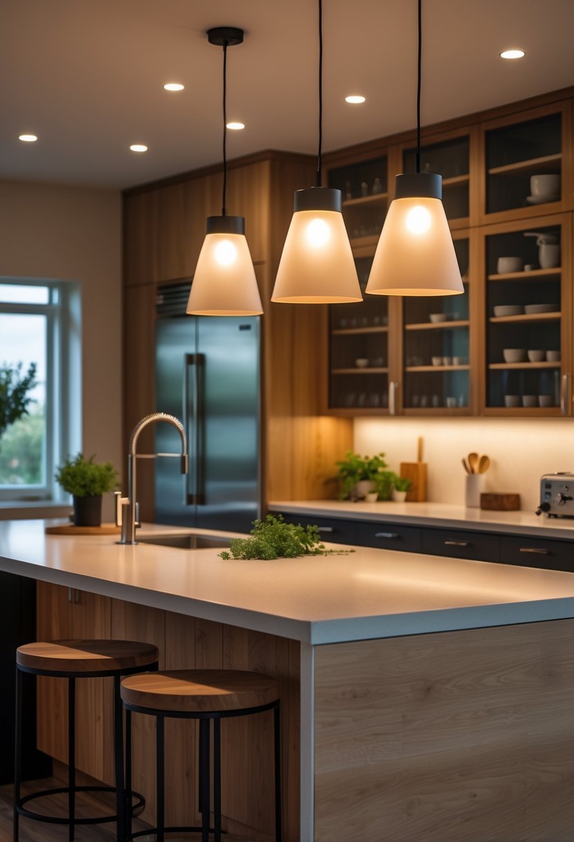 Kitchen island with warm pendant lights hanging above, surrounded by modern kitchen cabinets and appliances.