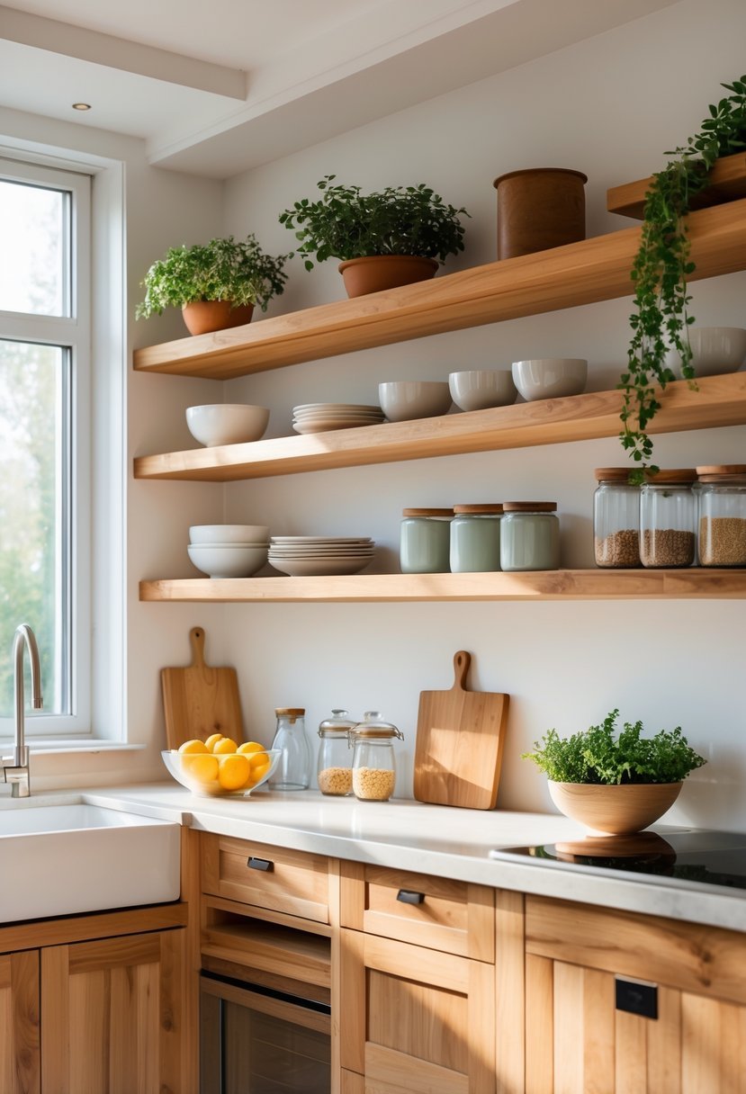 A bright kitchen with wooden cabinets and open shelves holding dishes and plants, featuring a clean countertop with fruit and kitchen items.