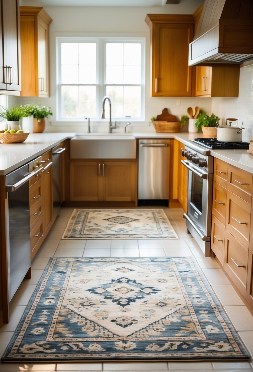 A modern kitchen with patterned rugs placed near the sink and cooking areas, featuring wooden cabinets and stainless steel appliances.