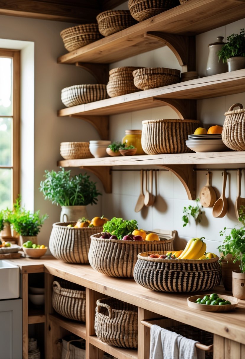 A cozy kitchen with woven baskets on shelves and countertops holding fruits and kitchen items.