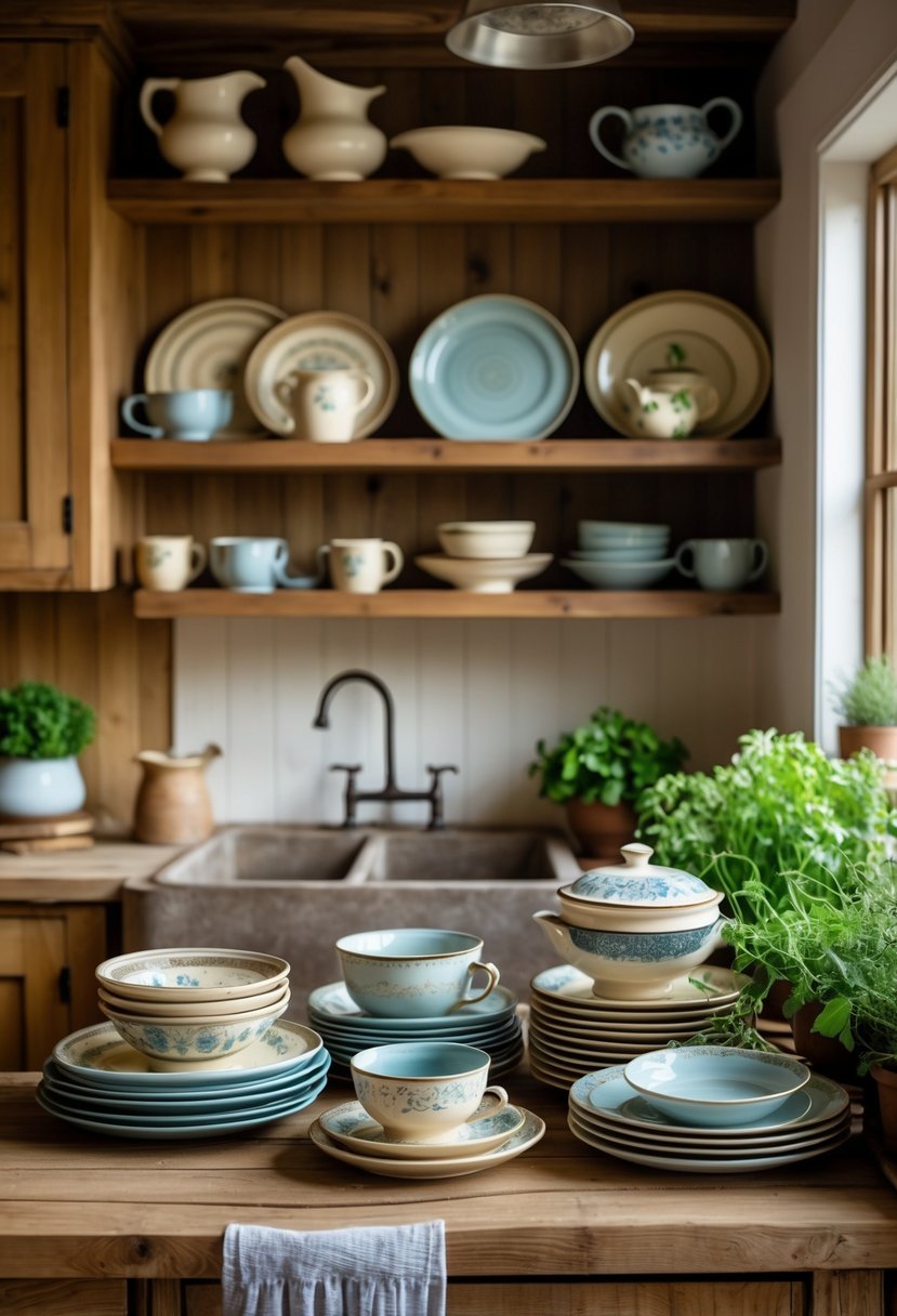A kitchen with wooden shelves displaying ceramic plates, bowls, and cups, with a rustic counter and potted herbs.