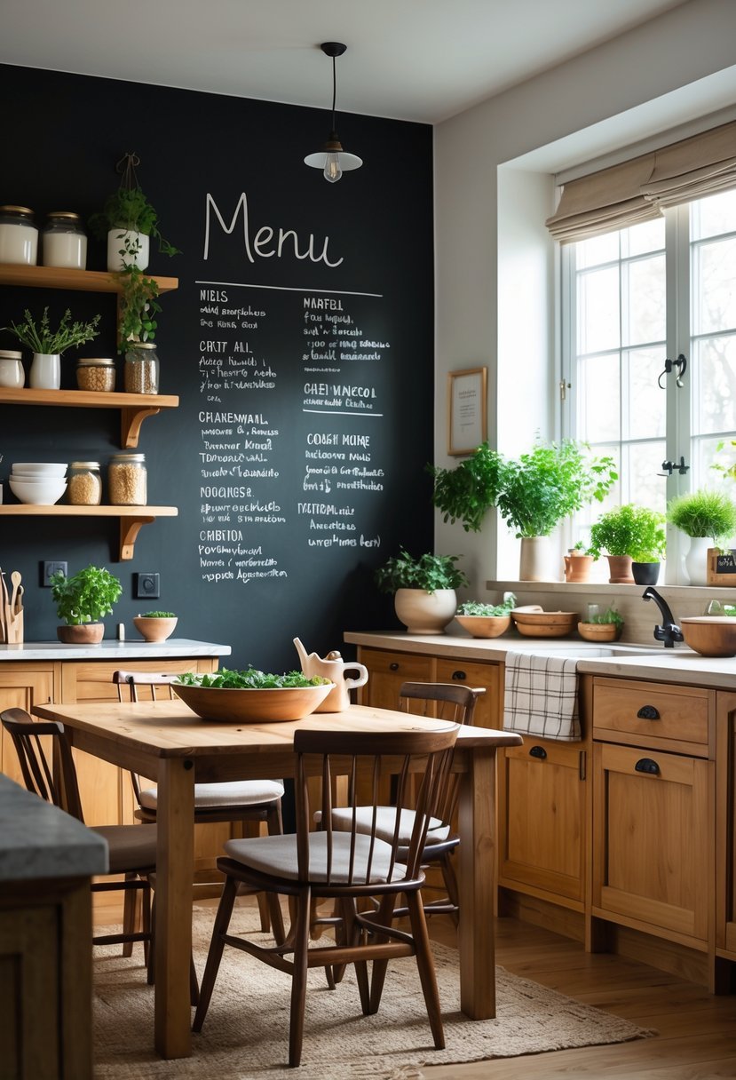 A cozy kitchen with a black chalkboard-painted wall, wooden cabinets, a dining table, and natural light coming through a window.