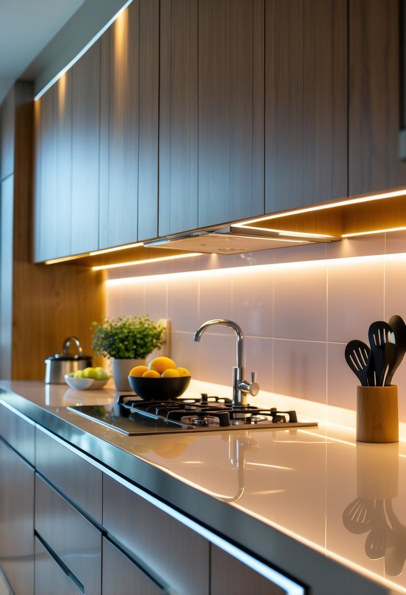 A modern kitchen countertop illuminated by warm LED strip lights installed under wooden cabinets, with a bowl of fruit and a small plant on the counter.