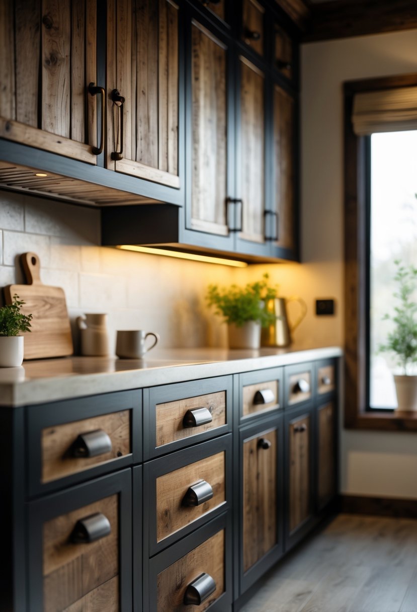 A cozy kitchen with wooden cabinets featuring brass and black handles, a countertop with kitchen accessories, and natural light coming through a window.