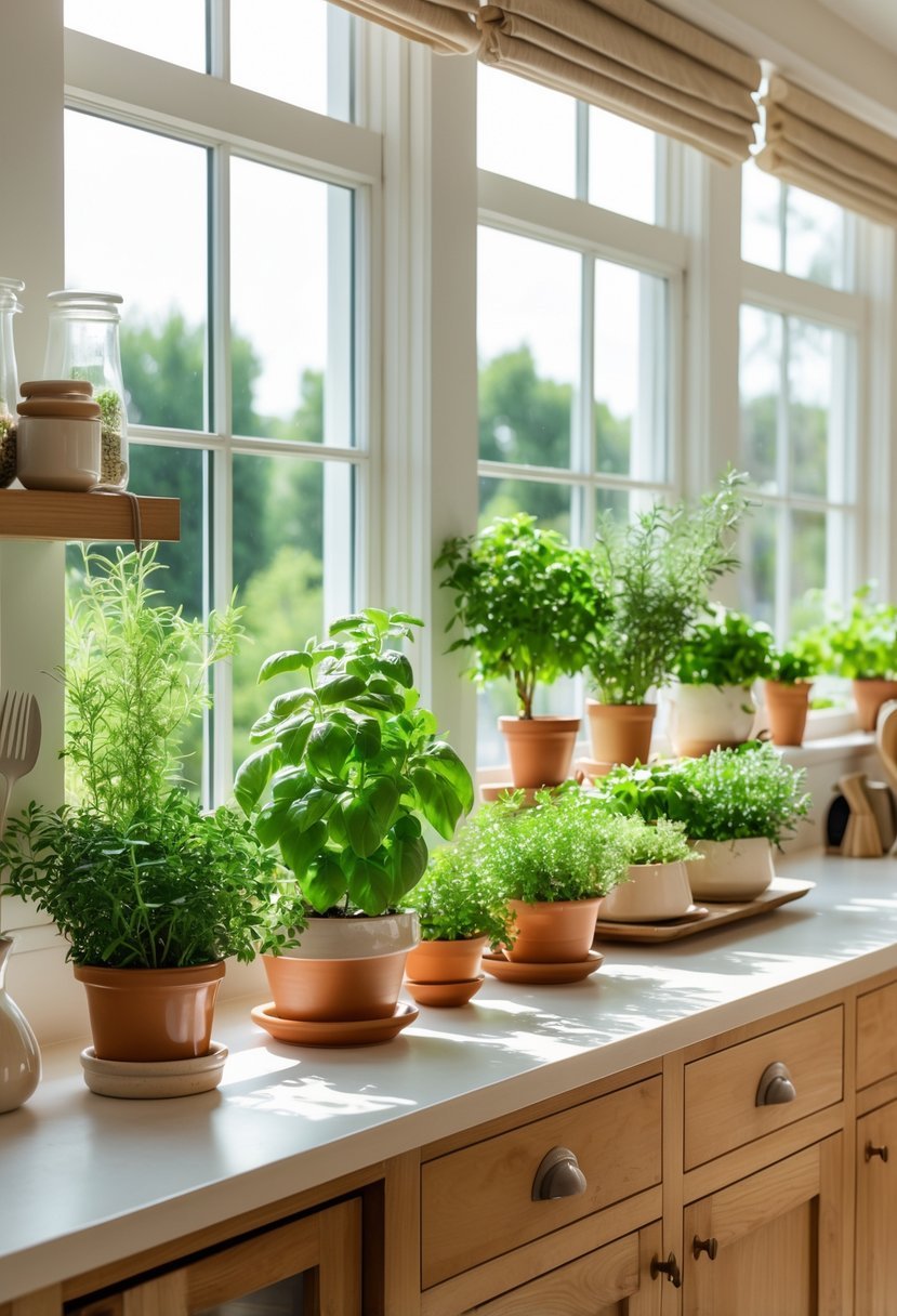 A cozy kitchen with windowsills filled with potted herbs like basil and rosemary, bathed in natural light.