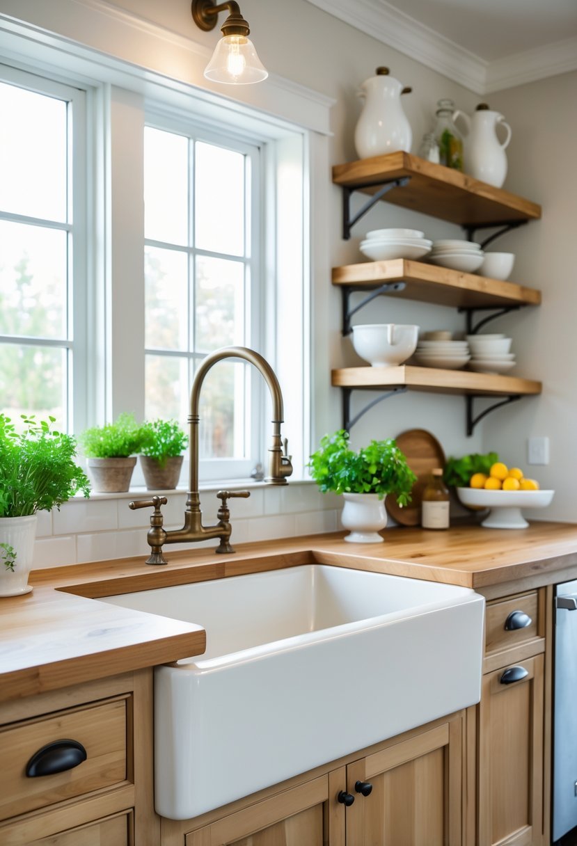 A bright kitchen with a large white apron sink, wooden countertops, and natural light coming through a window.