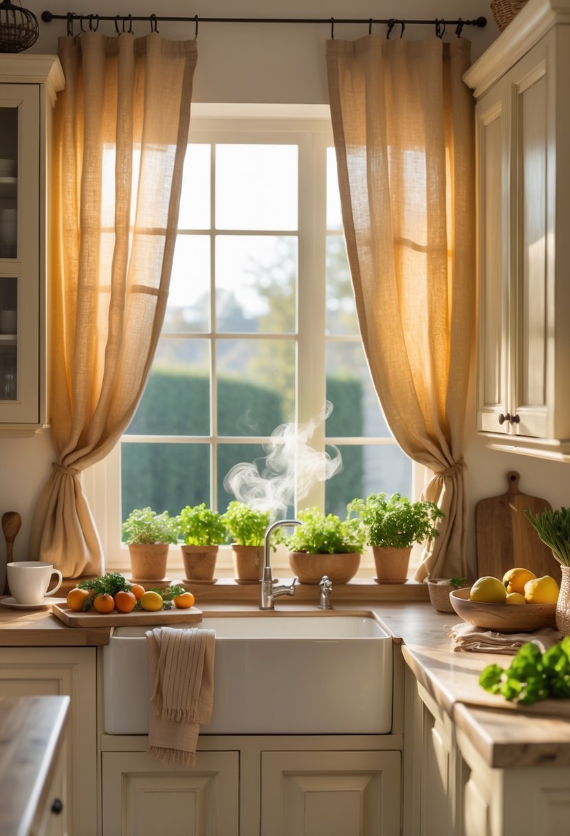 A cozy kitchen with warm-colored curtains hanging by a window, wooden cabinets, a countertop with fresh herbs and fruits, and sunlight filling the room.