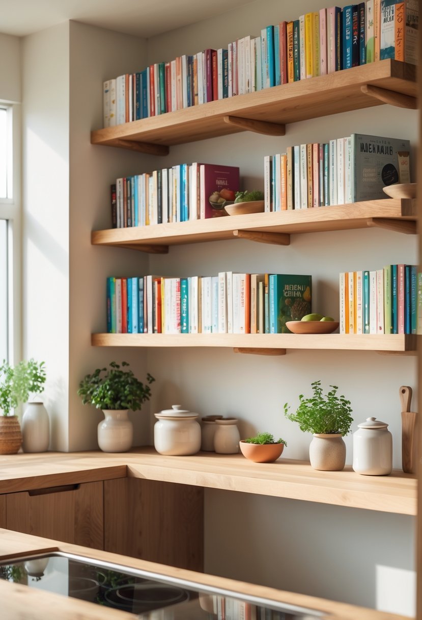 Open wooden shelves in a kitchen neatly arranged with colorful cookbooks and small kitchen decor.