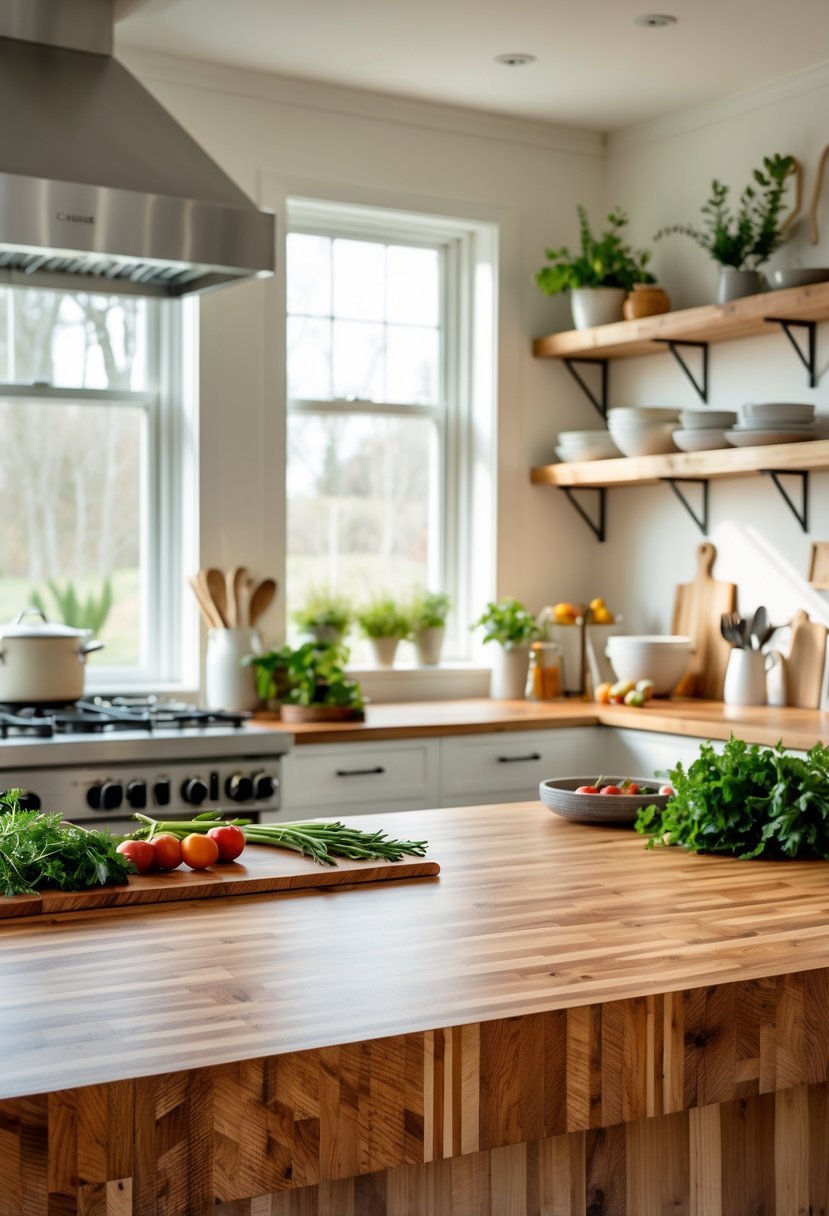 A kitchen with a large wooden butcher block countertop surrounded by kitchen appliances, cooking utensils, and fresh ingredients.