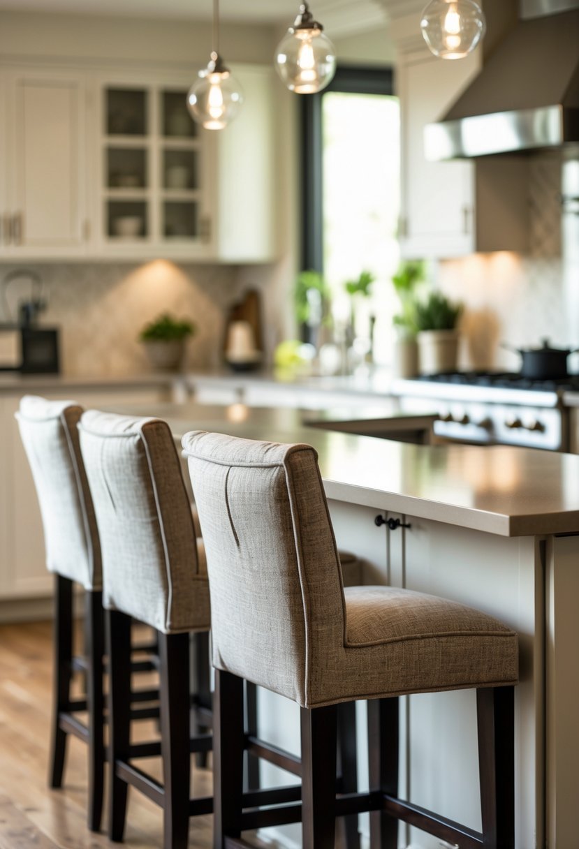 A kitchen island with cushioned bar stools that have backs in a bright and inviting kitchen.
